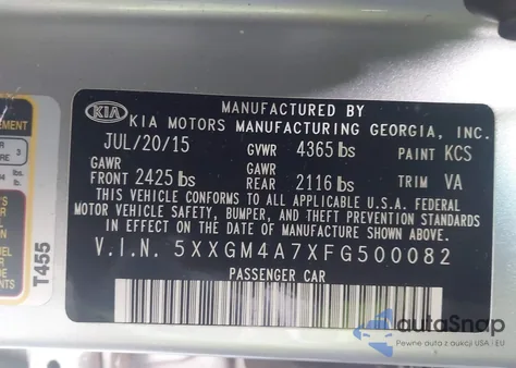 2015 Kia Optima Lx z USA, uszkodzony, nr VIN 5XXGM4A7XFG500082